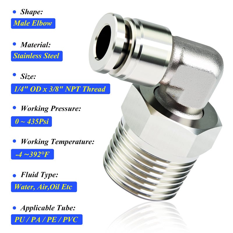 TAILONZ PNEUMATIC 304 Stainless Steel Male Elbow - 1/4 Inch Tube OD x 3/8 Inch NPT Thread 90 Push to Connect Tube Fitting PL-1/4-N3 (Pack of 2) - Image 3